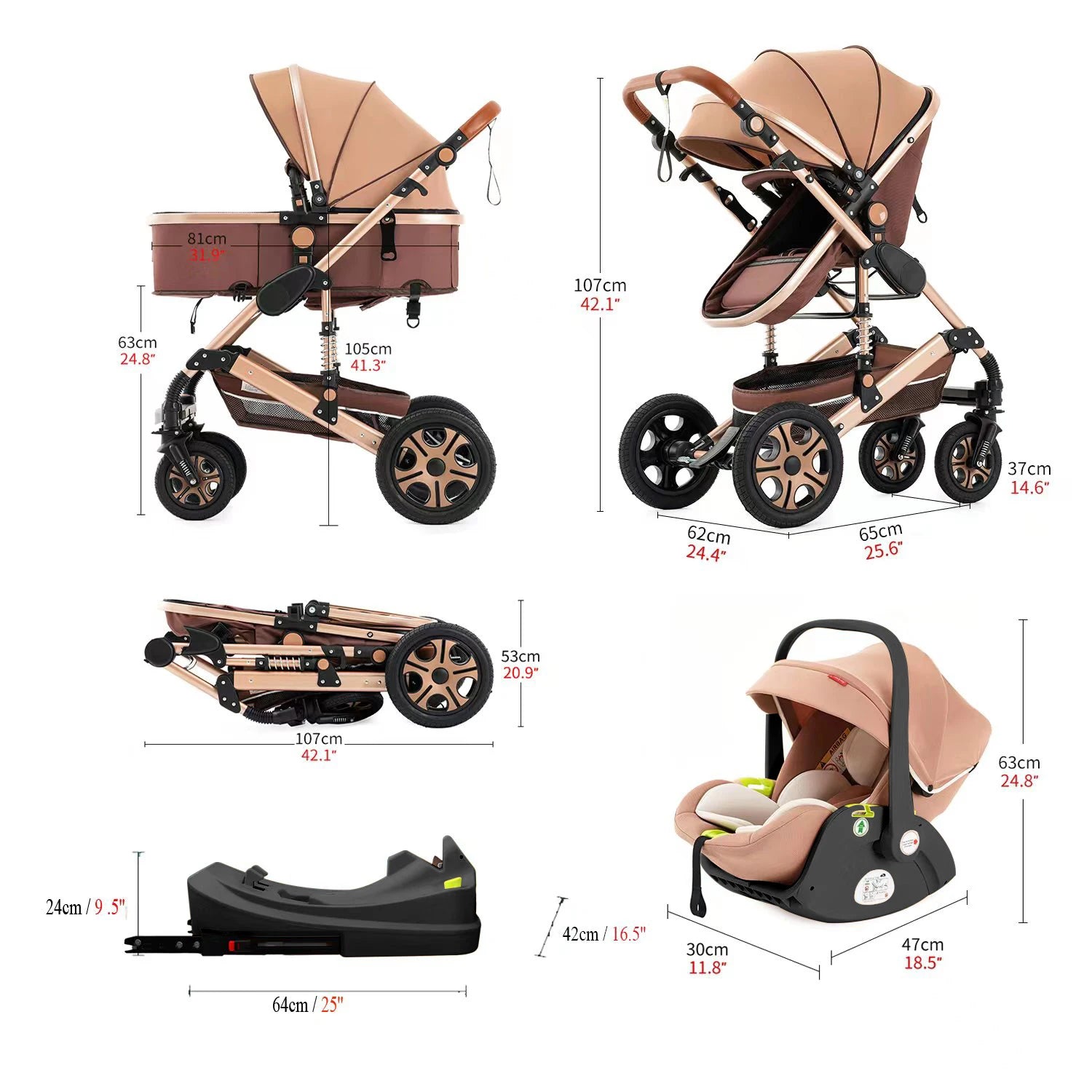 3-in-1 Baby Stroller Car Seat Set, Travel System for Newborn, Baby Carriage with Isofix Base Reversible Stroller Upto 55lbs, Foldable Stroller Suit Newborn to Toddler
