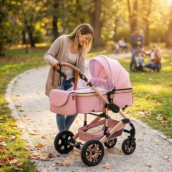 3-in-1 Baby Stroller Car Seat Set, Travel System for Newborn, Baby Carriage with Isofix Base Reversible Stroller Upto 55lbs, Foldable Stroller Suit Newborn to Toddler